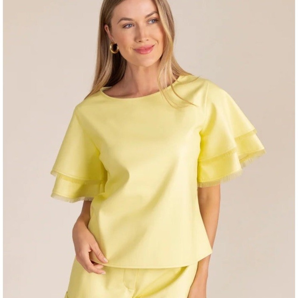 NWT Sedge Womens Yellow Vegan Leather Fringe Sleeve Round Neck Top Size L